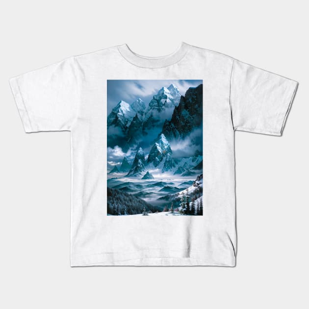 Snowy Mountains in a Fantasy Winter Setting Kids T-Shirt by CursedContent